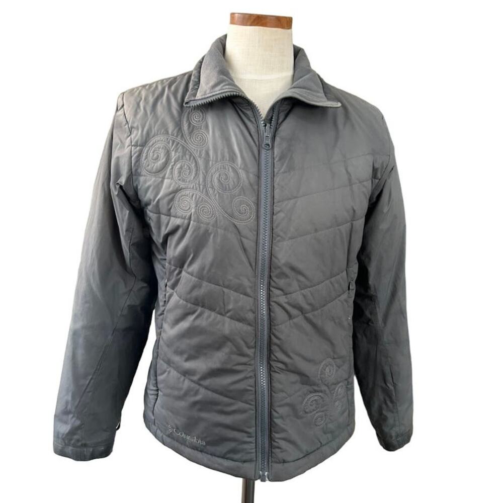 Columbia Interchange Quilted Insulated Jacket S Gray Embroidered Swirl Detail